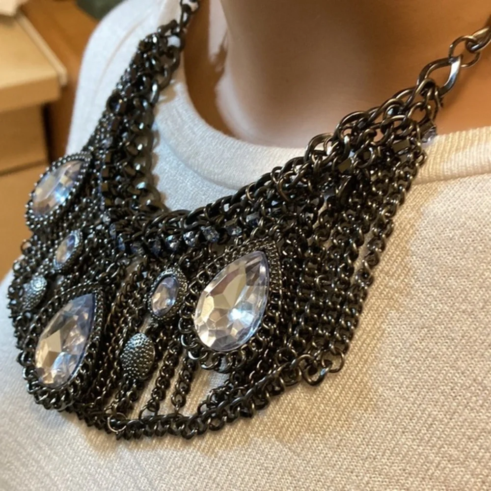 Gunmetal and blue rhinestone with faceted faux crystals statement necklace